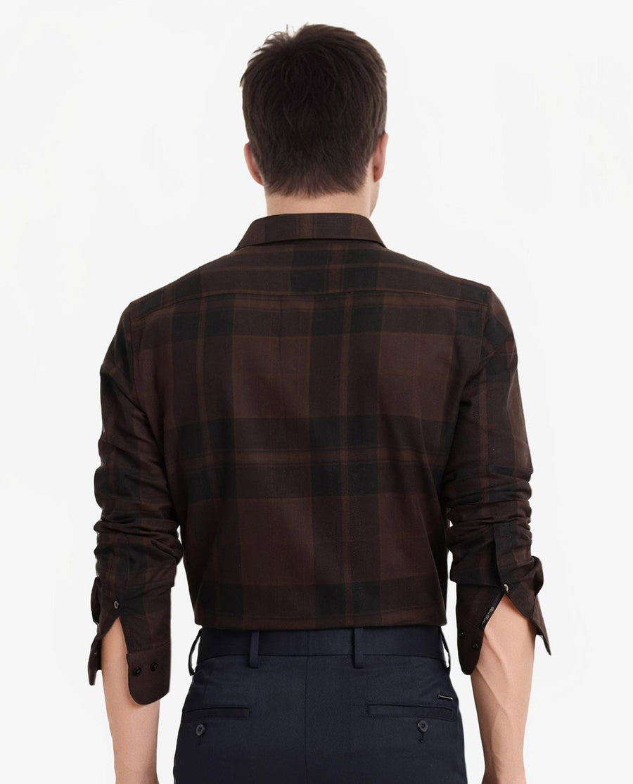Rare Rabbit Men's Pyre Dark Brown Cotton Checked Print Regular Fit Full Sleeve Collared Shirt