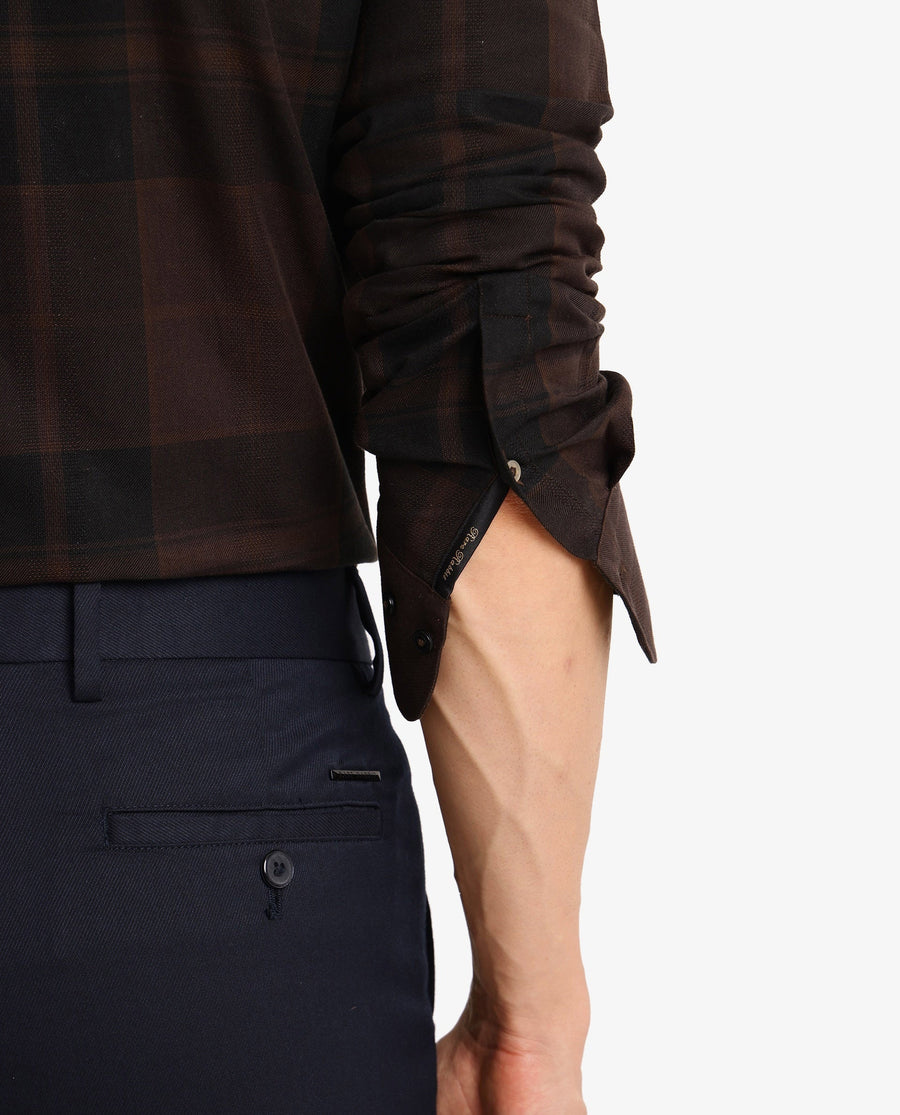 Rare Rabbit Men's Pyre Dark Brown Cotton Checked Print Regular Fit Full Sleeve Collared Shirt