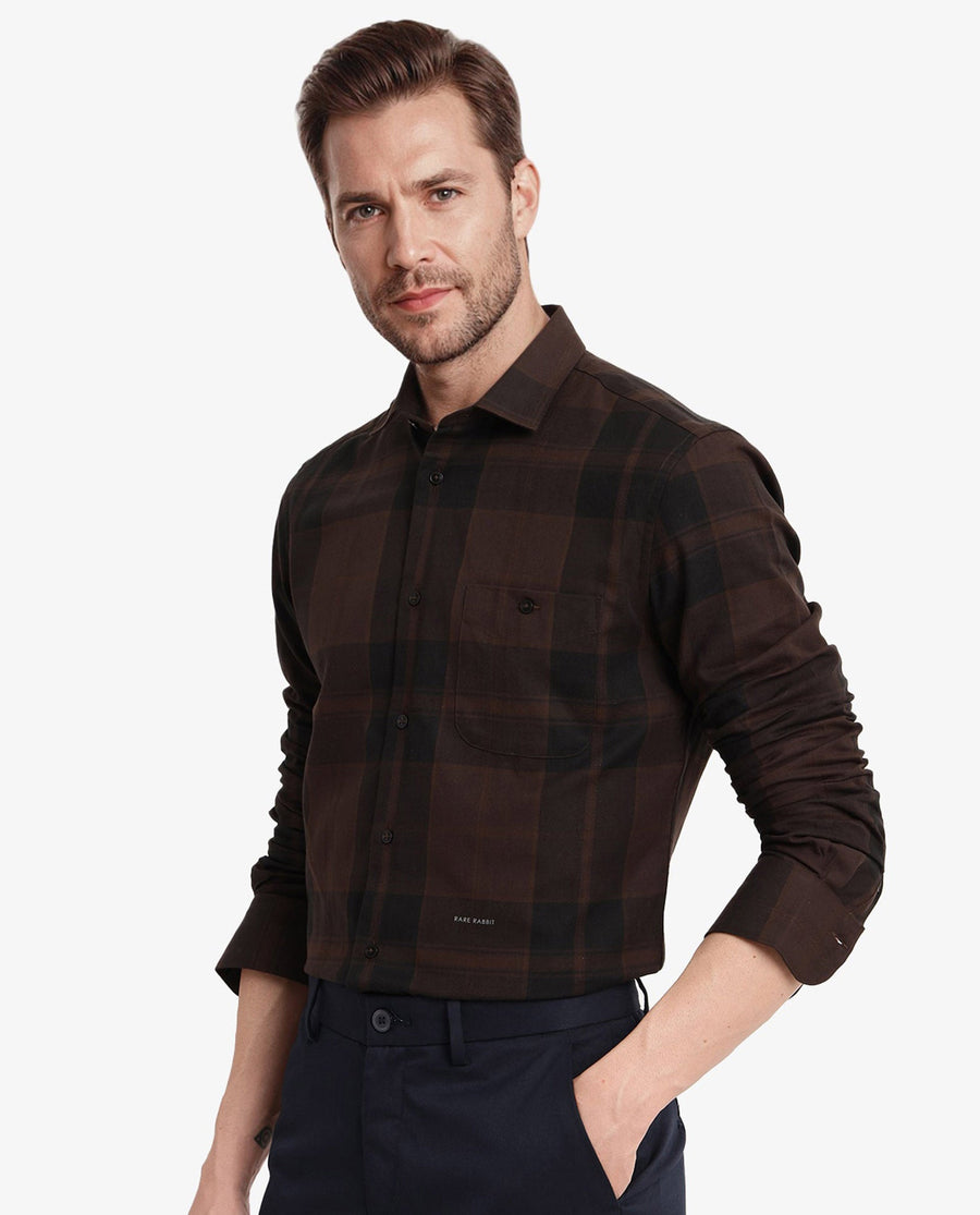 Rare Rabbit Men's Pyre Dark Brown Cotton Checked Print Regular Fit Full Sleeve Collared Shirt