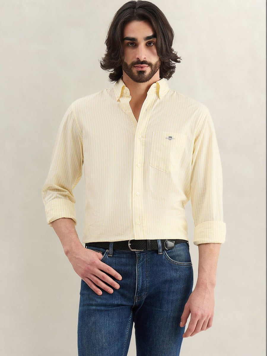 Gant Men Yellow Striped Regular Fit Classic Poplin Shirt