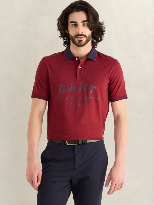 Gant Men Maroon Printed Regular Fit Pure Cotton Polo T-Shirt