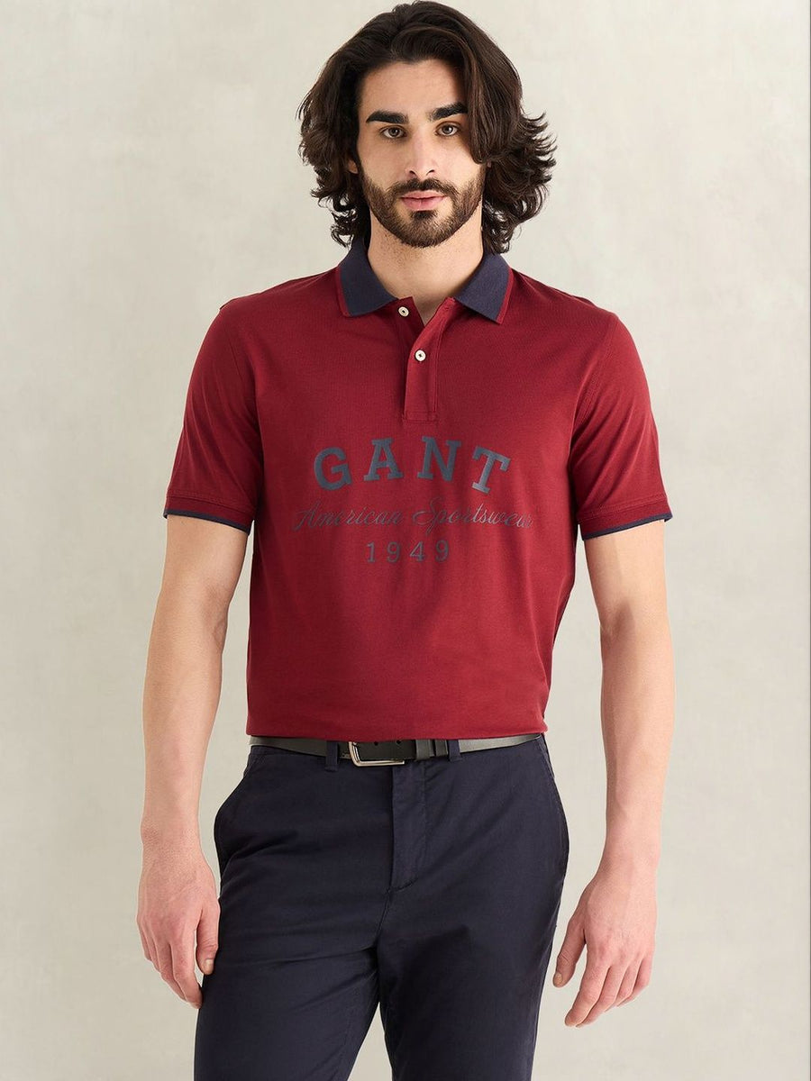 Gant Men Maroon Printed Regular Fit Pure Cotton Polo T-Shirt