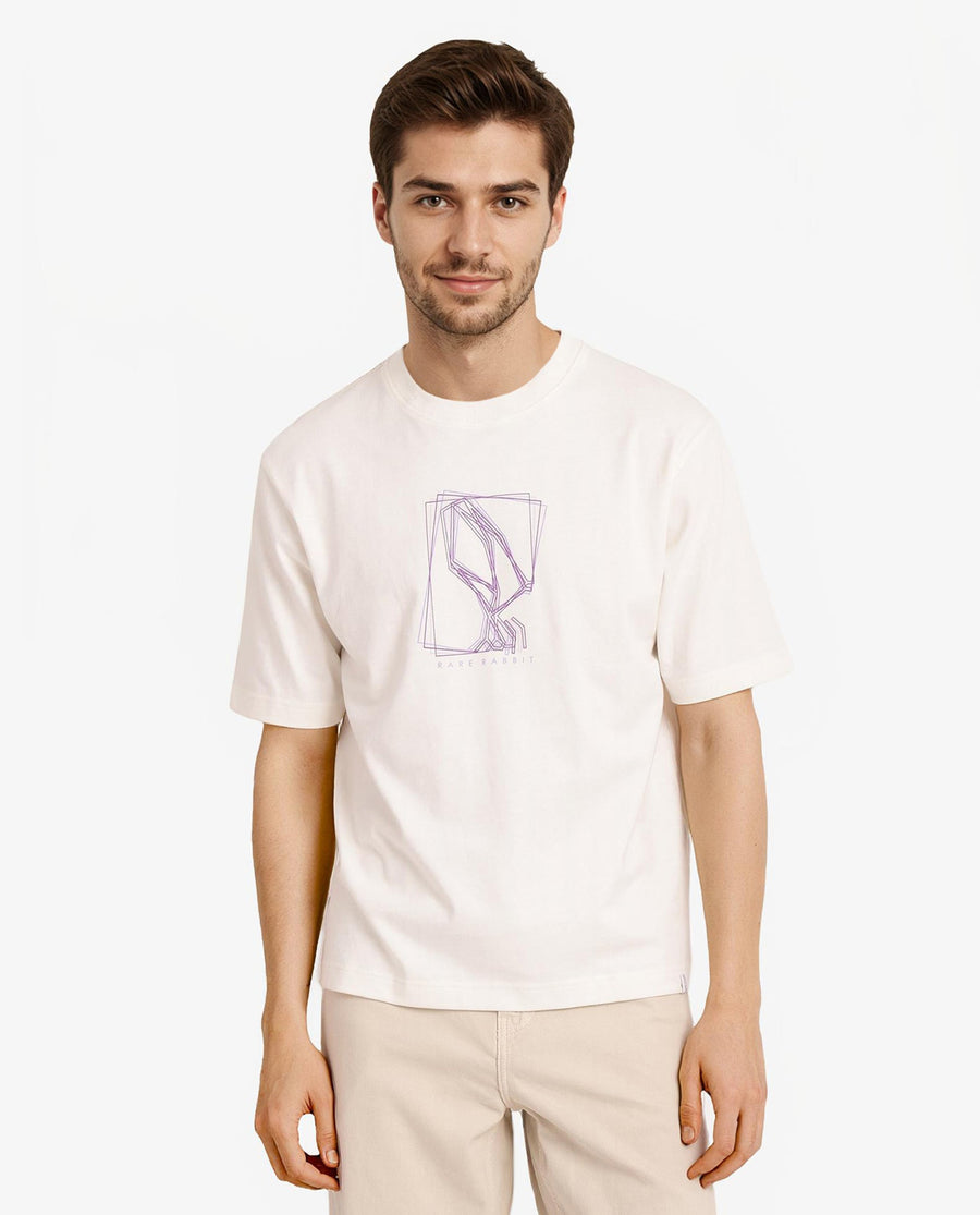 Rare Rabbit Men's Que Off White Cotton Graphic Print Regular Fit Half Sleeve Crew Neck T-Shirt