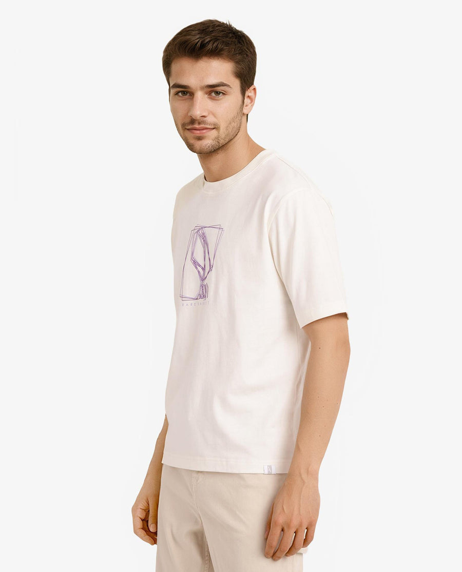 Rare Rabbit Men's Que Off White Cotton Graphic Print Regular Fit Half Sleeve Crew Neck T-Shirt