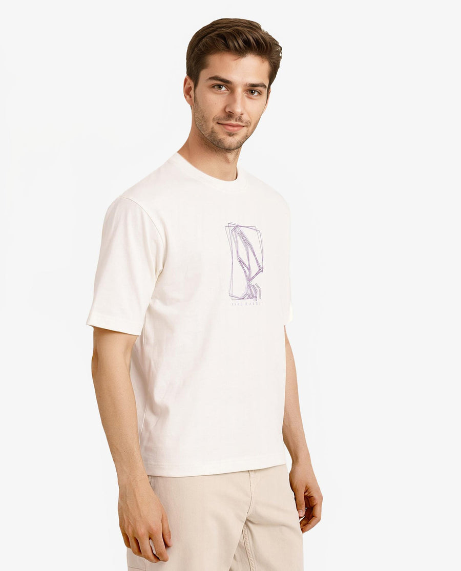 Rare Rabbit Men's Que Off White Cotton Graphic Print Regular Fit Half Sleeve Crew Neck T-Shirt