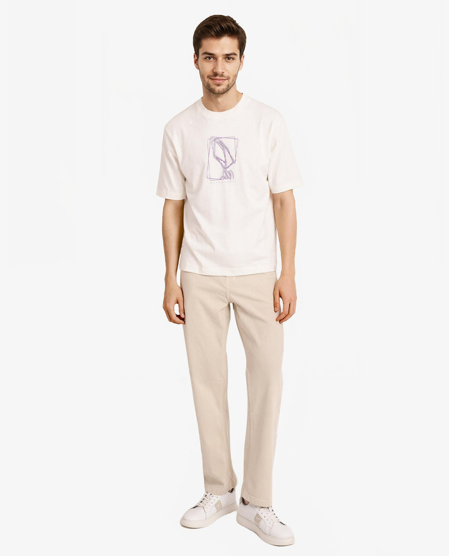 Rare Rabbit Men's Que Off White Cotton Graphic Print Regular Fit Half Sleeve Crew Neck T-Shirt
