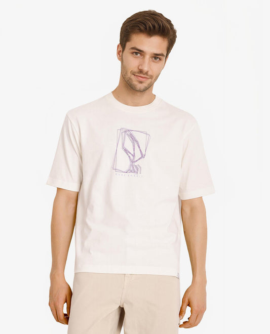 Rare Rabbit Men's Que Off White Cotton Graphic Print Regular Fit Half Sleeve Crew Neck T-Shirt
