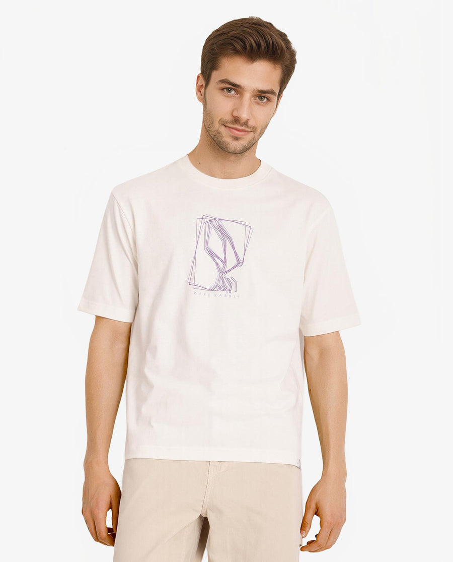 Rare Rabbit Men's Que Off White Cotton Graphic Print Regular Fit Half Sleeve Crew Neck T-Shirt