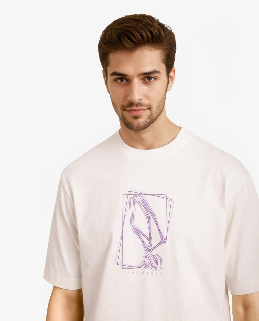 Rare Rabbit Men's Que Off White Cotton Graphic Print Regular Fit Half Sleeve Crew Neck T-Shirt