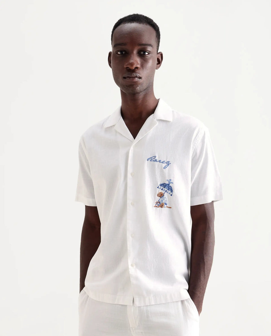 Rare Rabbit Men's Quentin White Embroidered Relaxed Fit Half Sleeve Cuban Collar Shirt
