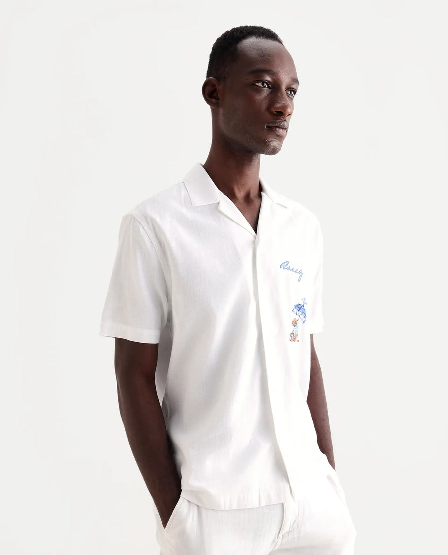 Rare Rabbit Men's Quentin White Embroidered Relaxed Fit Half Sleeve Cuban Collar Shirt