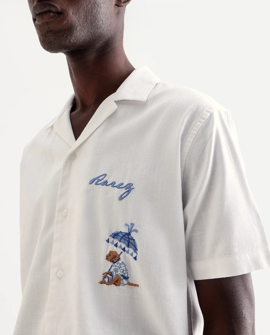 Rare Rabbit Men's Quentin White Embroidered Relaxed Fit Half Sleeve Cuban Collar Shirt