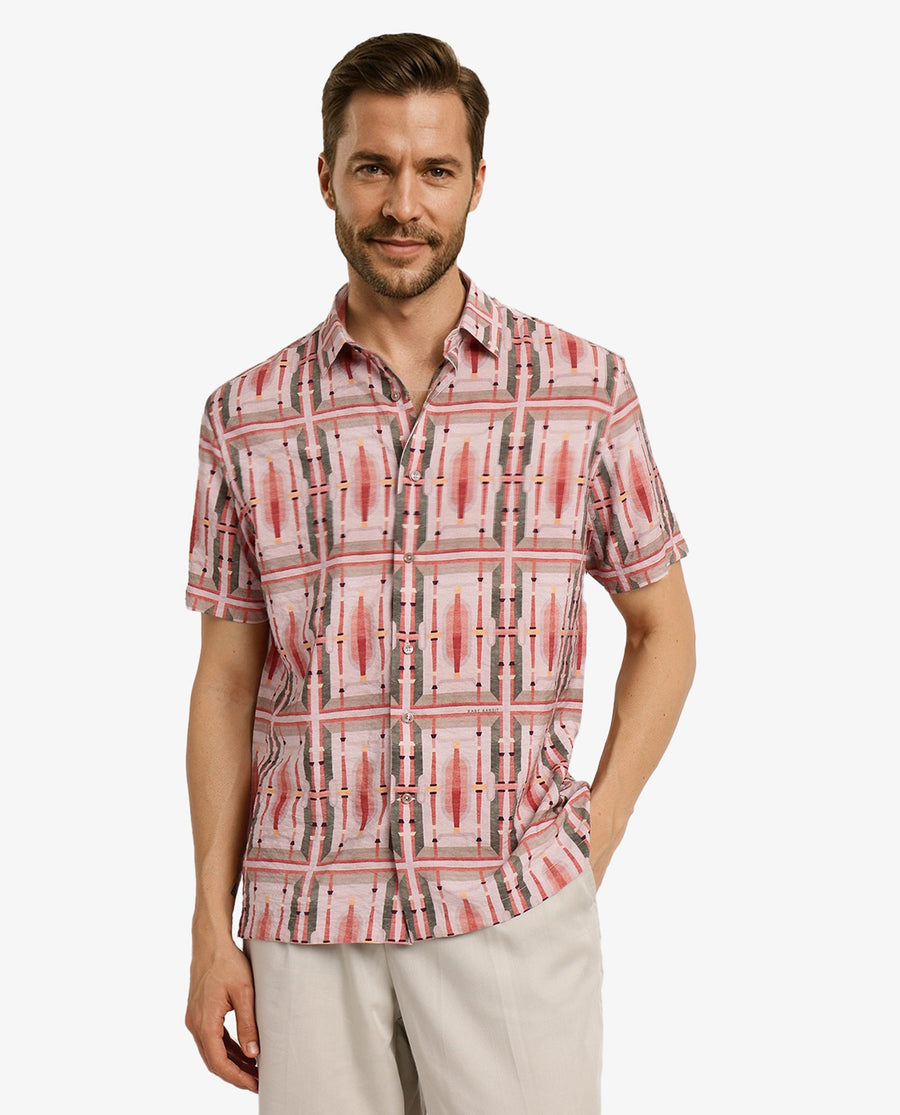 Rare Rabbit Men's Quill Beige Abstract Print Boxy Fit Half Sleeve Collared Shirt