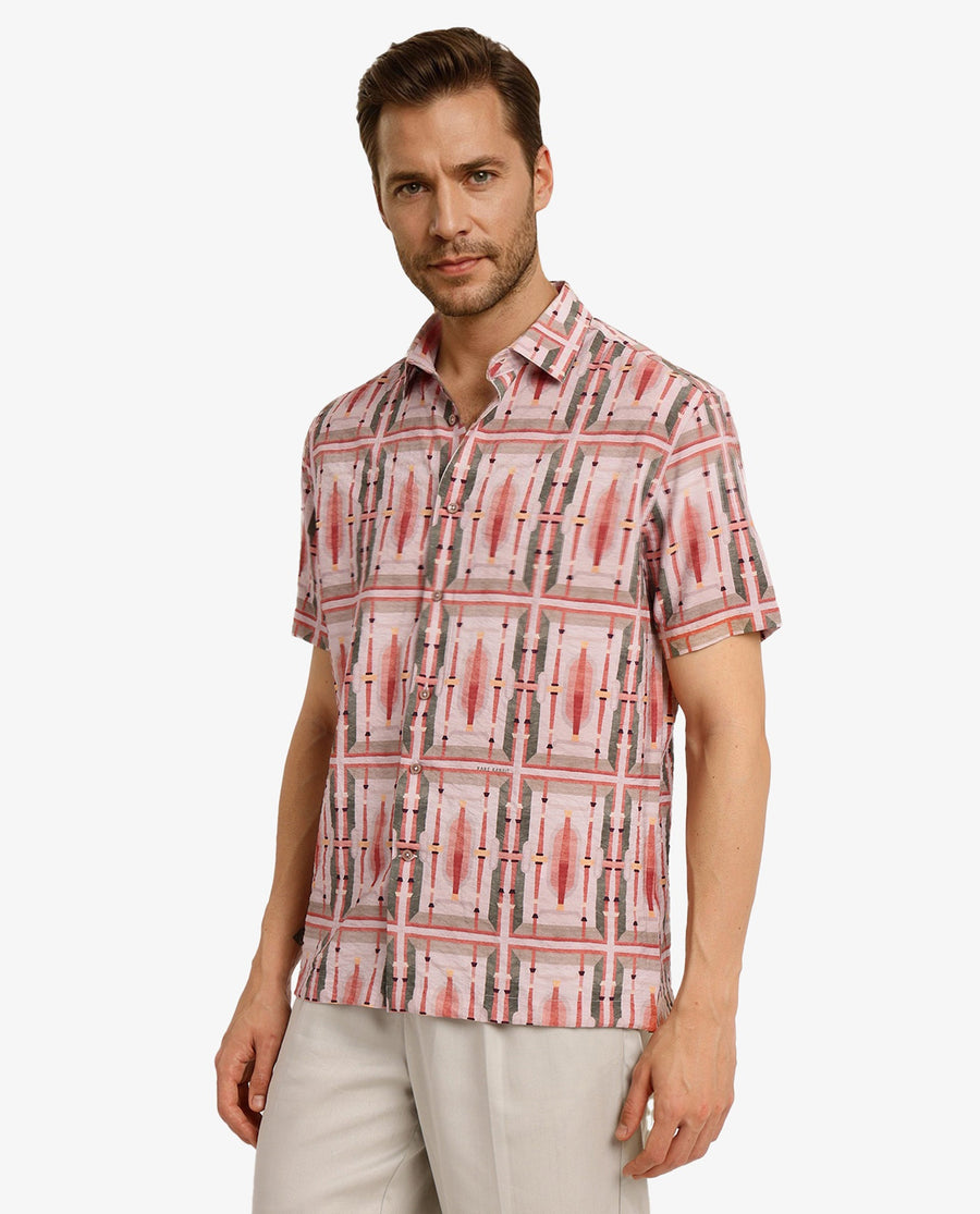 Rare Rabbit Men's Quill Beige Abstract Print Boxy Fit Half Sleeve Collared Shirt