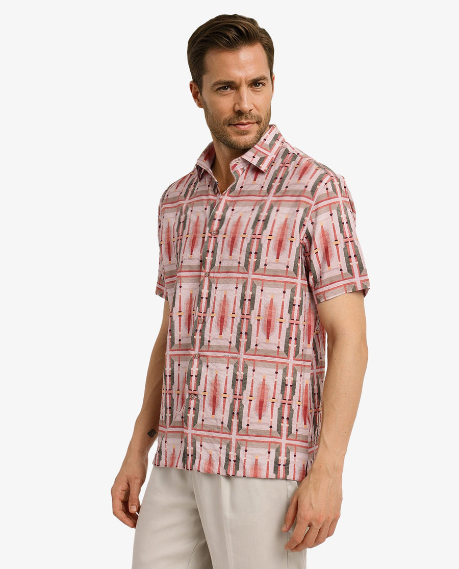 Rare Rabbit Men's Quill Beige Abstract Print Boxy Fit Half Sleeve Collared Shirt