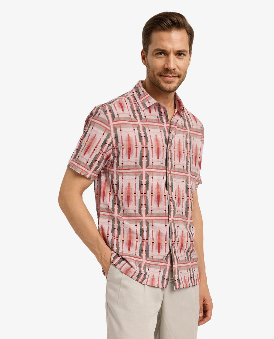 Rare Rabbit Men's Quill Beige Abstract Print Boxy Fit Half Sleeve Collared Shirt