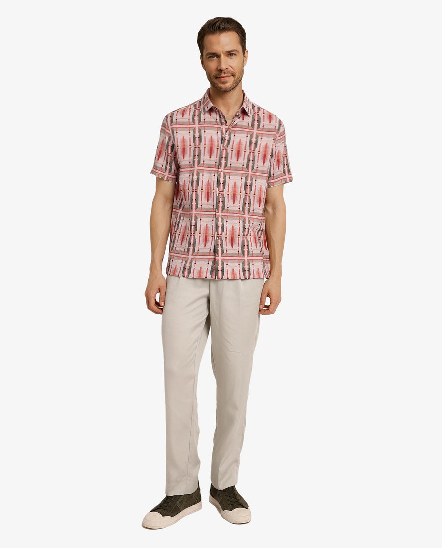 Rare Rabbit Men's Quill Beige Abstract Print Boxy Fit Half Sleeve Collared Shirt