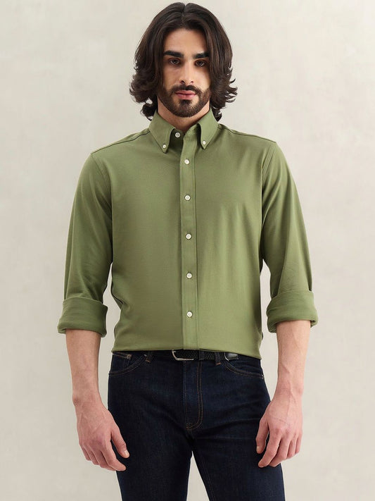 Gant Men Green Solid Regular Fit Pique Shirt