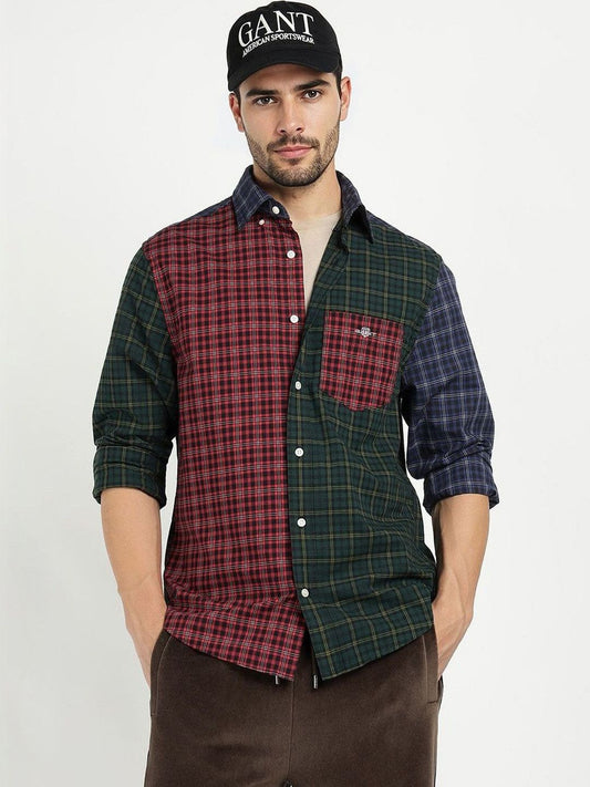 GANT Men Relaxed Fit Checked Spread Collar Pure Cotton Poplin Casual Shirt