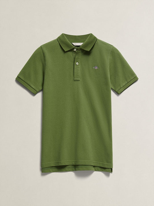 Gant Boys Dark Green Solid Regular Fit Shield Pique Polo T-Shirt