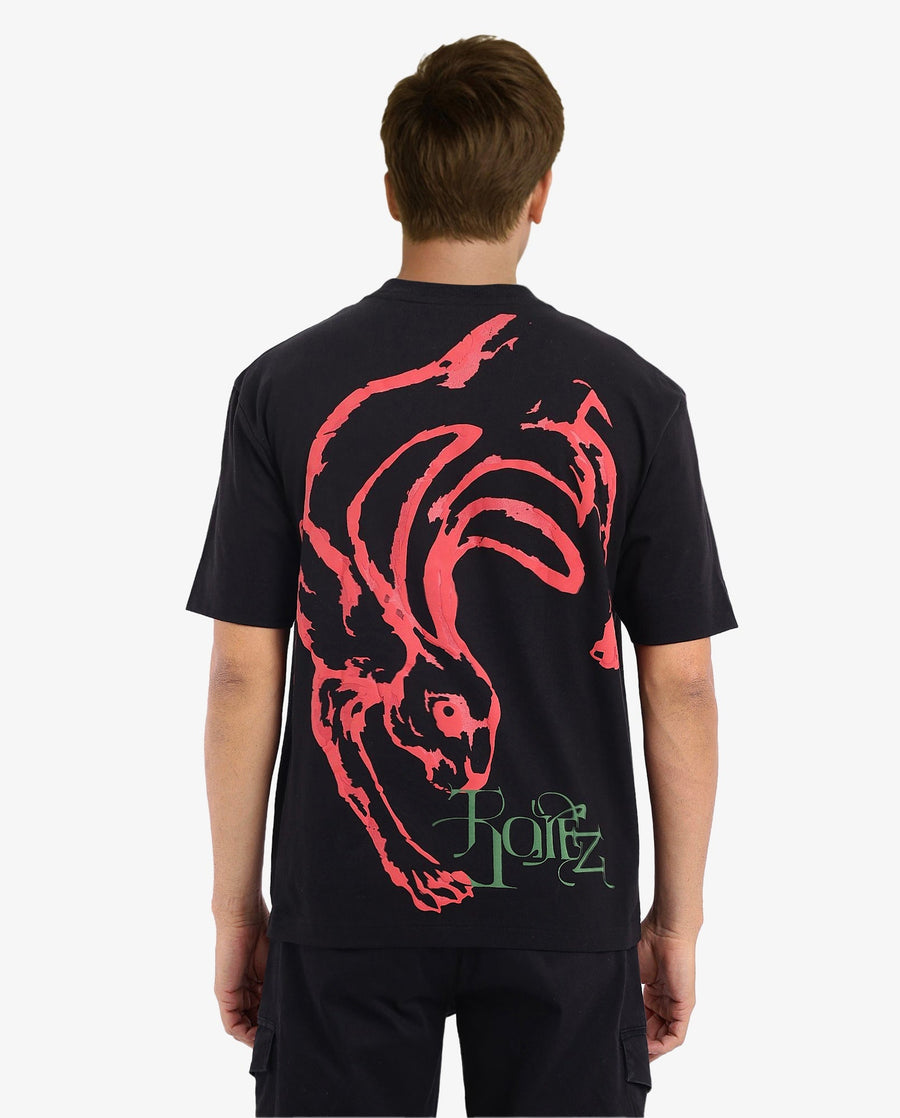 Rare Rabbit Men's Rabb Black Cotton Graphic Print Oversized Fit Half Sleeve Crew Neck T-Shirt