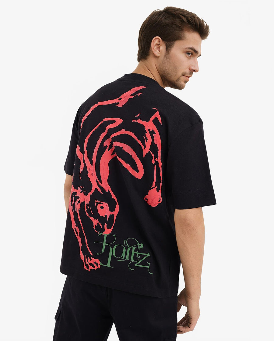 Rare Rabbit Men's Rabb Black Cotton Graphic Print Oversized Fit Half Sleeve Crew Neck T-Shirt