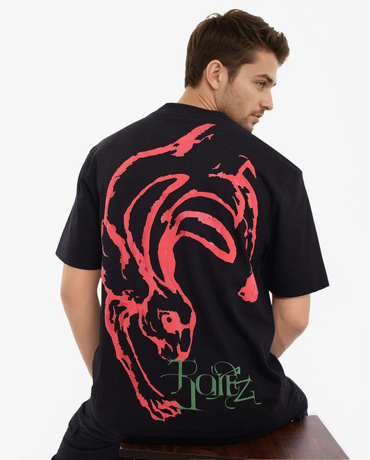 Rare Rabbit Men's Rabb Black Cotton Graphic Print Oversized Fit Half Sleeve Crew Neck T-Shirt
