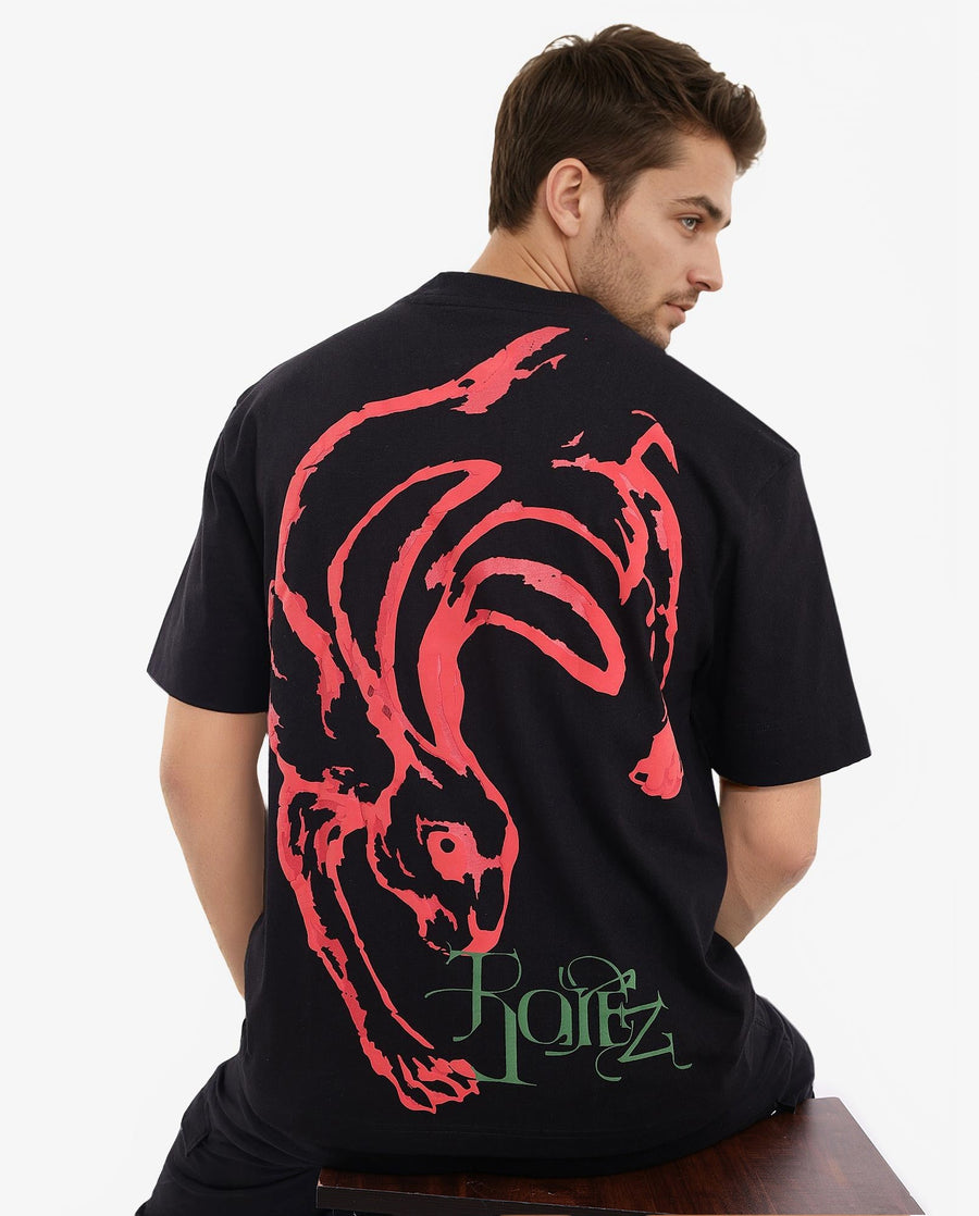 Rare Rabbit Men's Rabb Black Cotton Graphic Print Oversized Fit Half Sleeve Crew Neck T-Shirt