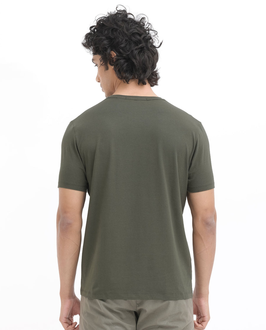 Rare Rabbit Men's Rabbitz Olive Cotton Blend Graphic Print Regular Fit Half Sleeve Crew Neck T-Shirt