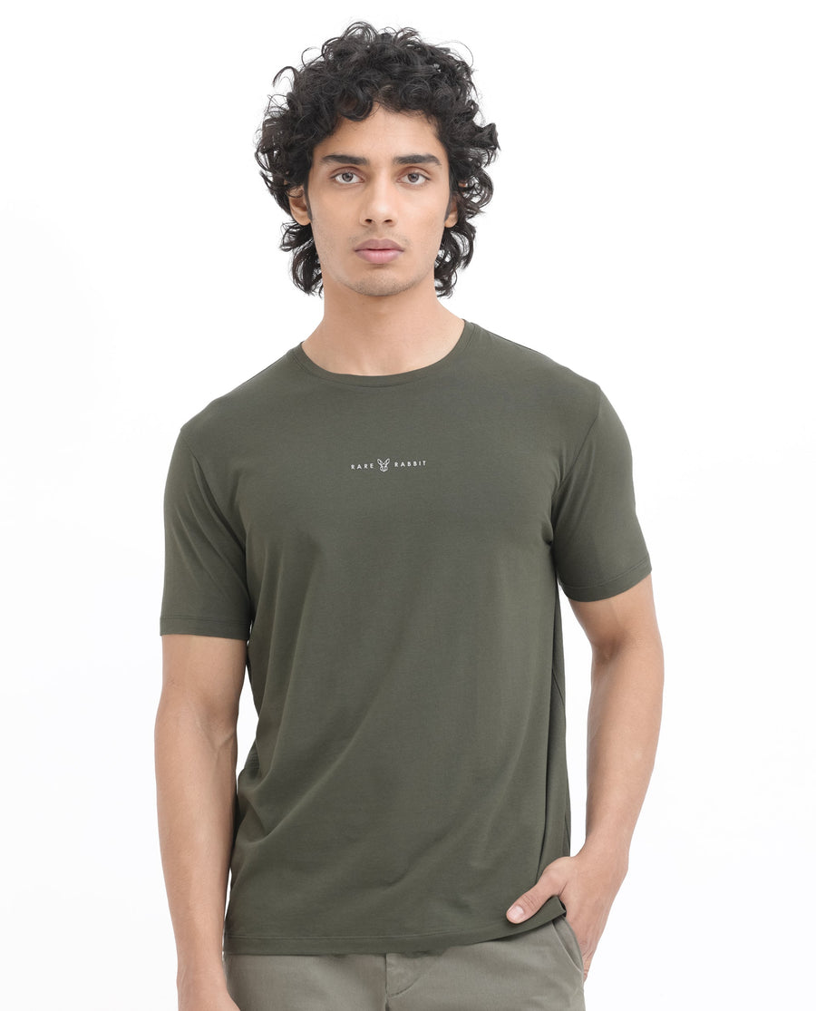 Rare Rabbit Men's Rabbitz Olive Cotton Blend Graphic Print Regular Fit Half Sleeve Crew Neck T-Shirt