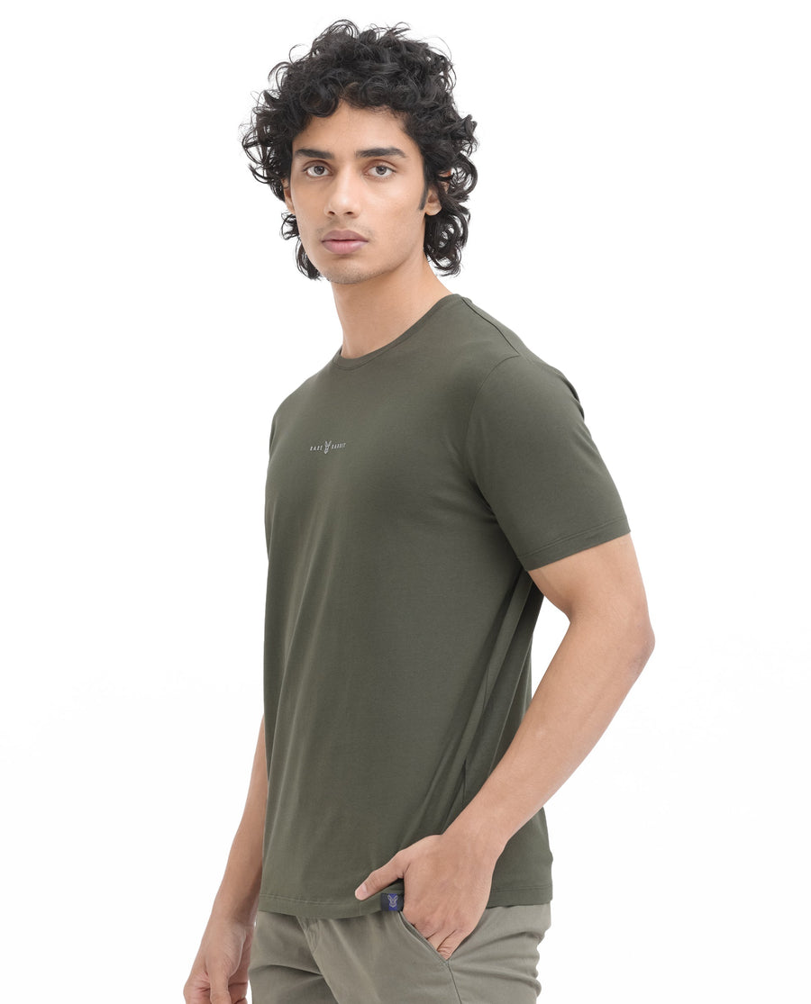 Rare Rabbit Men's Rabbitz Olive Cotton Blend Graphic Print Regular Fit Half Sleeve Crew Neck T-Shirt