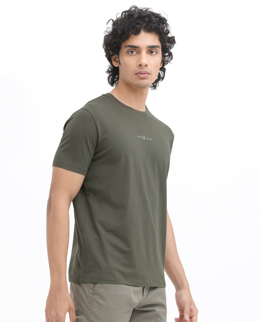 Rare Rabbit Men's Rabbitz Olive Cotton Blend Graphic Print Regular Fit Half Sleeve Crew Neck T-Shirt