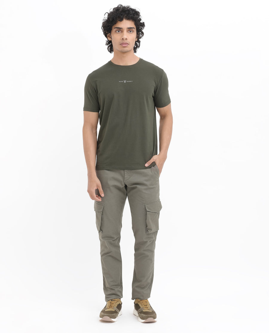 Rare Rabbit Men's Rabbitz Olive Cotton Blend Graphic Print Regular Fit Half Sleeve Crew Neck T-Shirt