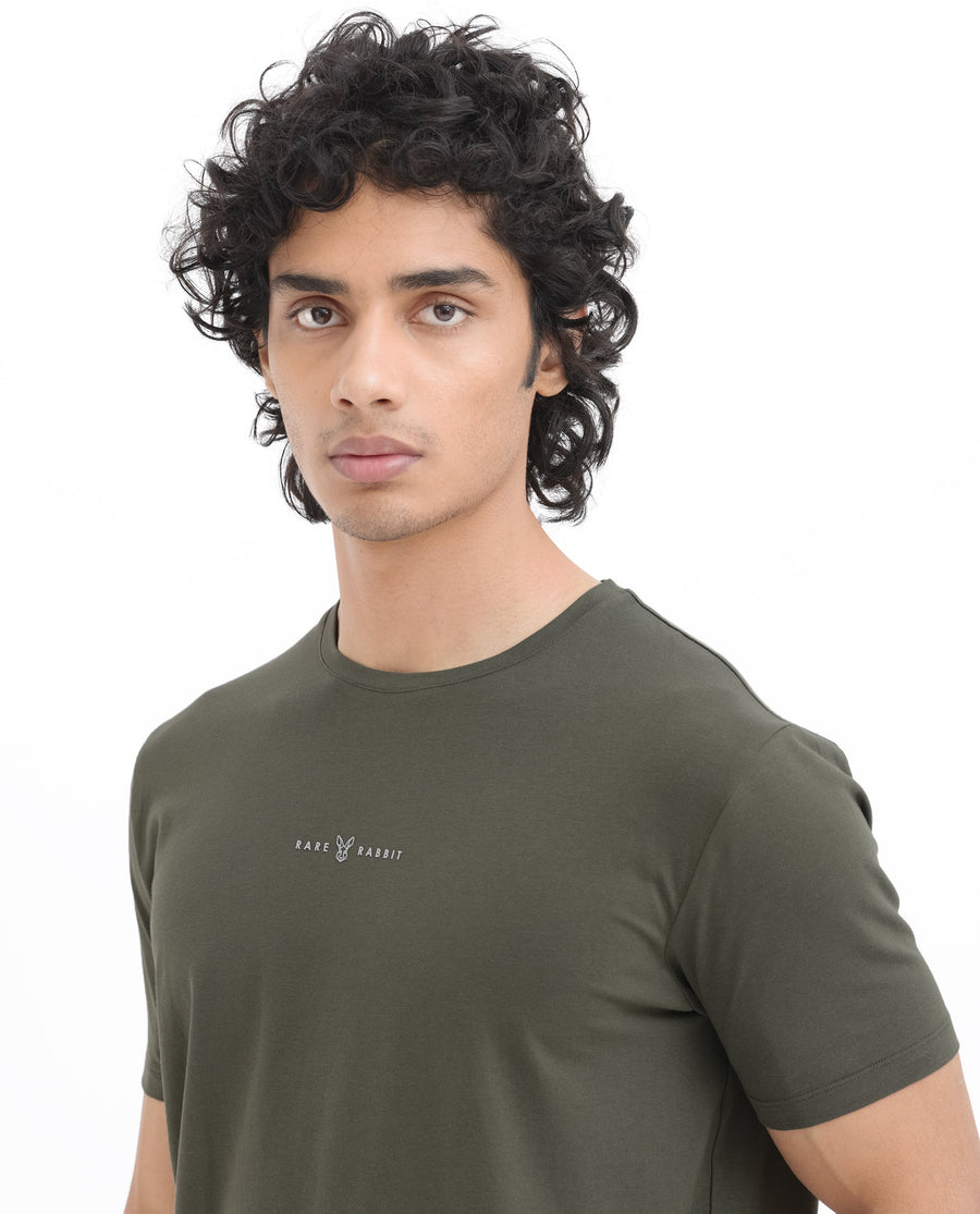 Rare Rabbit Men's Rabbitz Olive Cotton Blend Graphic Print Regular Fit Half Sleeve Crew Neck T-Shirt