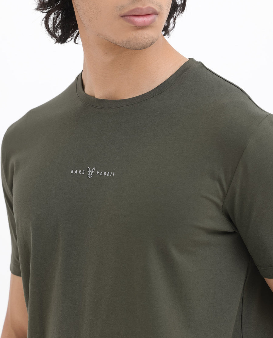 Rare Rabbit Men's Rabbitz Olive Cotton Blend Graphic Print Regular Fit Half Sleeve Crew Neck T-Shirt