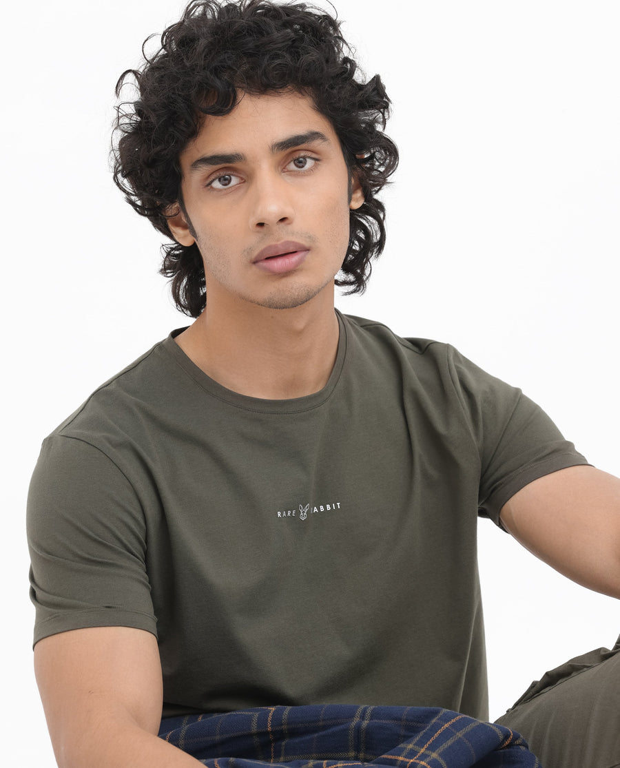 Rare Rabbit Men's Rabbitz Olive Cotton Blend Graphic Print Regular Fit Half Sleeve Crew Neck T-Shirt