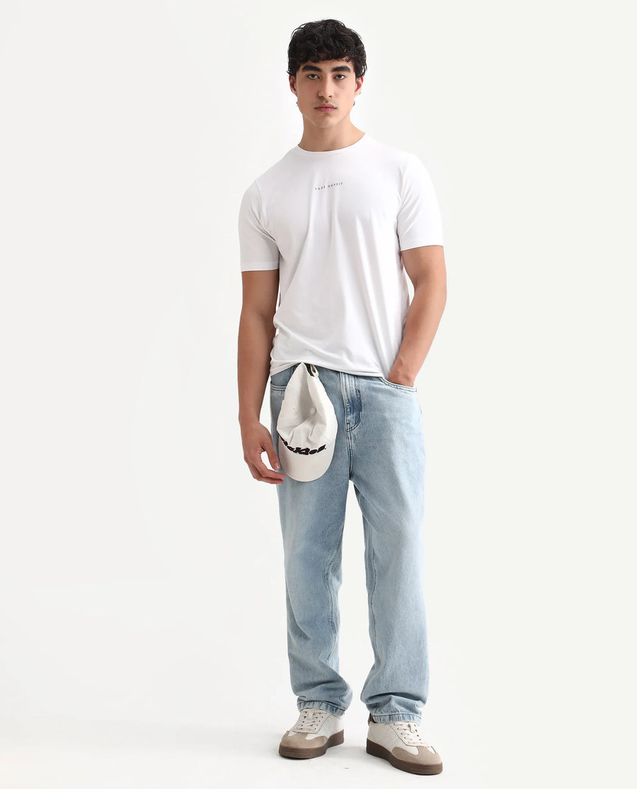 Rare Rabbit Men's Rabbit-25 White Cotton Blend Graphic Print Regular Fit Half Sleeve Crew Neck T-Shirt