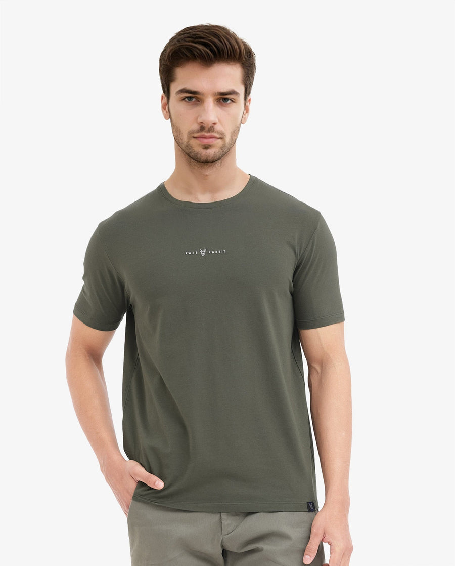 Rare Rabbit Men's Rabbitz Olive Cotton Blend Graphic Print Regular Fit Half Sleeve Crew Neck T-Shirt