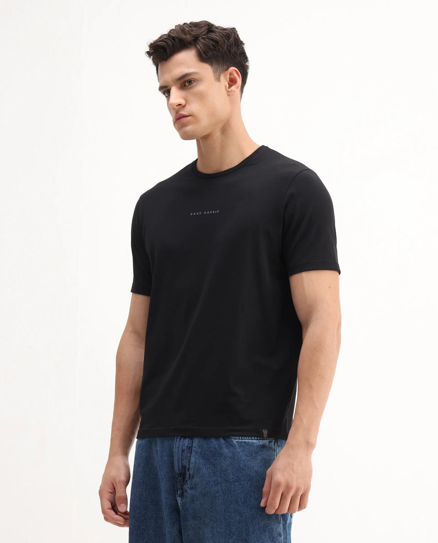 Rare Rabbit Men's Rabbit-25 Black Cotton Blend Graphic Print Regular Fit Half Sleeve Crew Neck T-Shirt