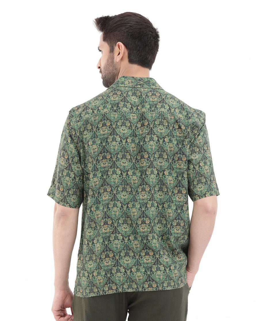 Rare Rabbit Men's Rabenn Dark Green Viscose Tropical Print Boxy Fit Half Sleeve Cuban Collar Shirt