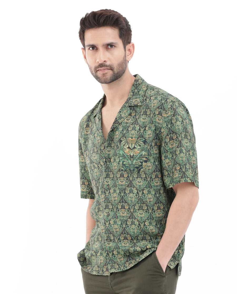 Rare Rabbit Men's Rabenn Dark Green Viscose Tropical Print Boxy Fit Half Sleeve Cuban Collar Shirt