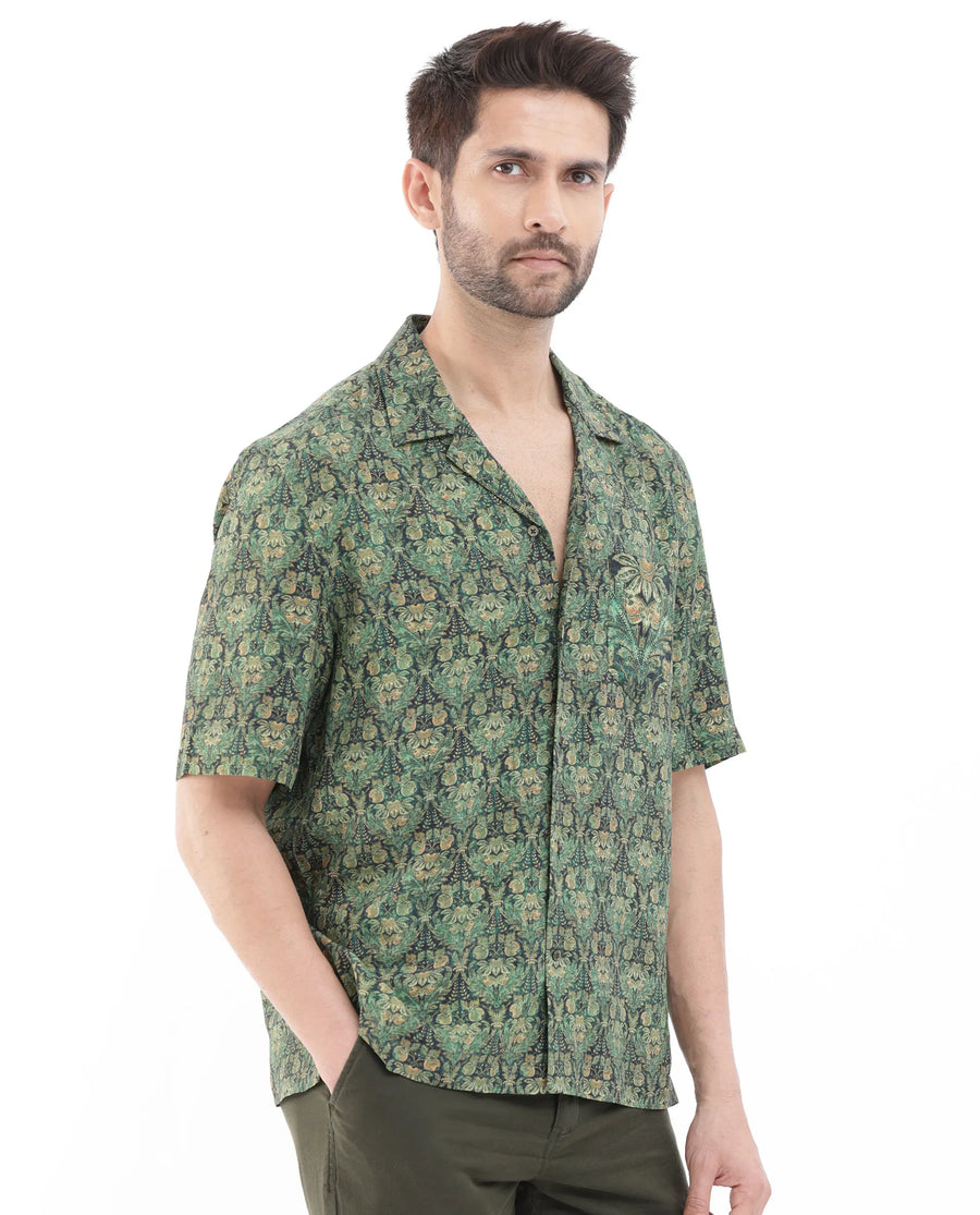 Rare Rabbit Men's Rabenn Dark Green Viscose Tropical Print Boxy Fit Half Sleeve Cuban Collar Shirt