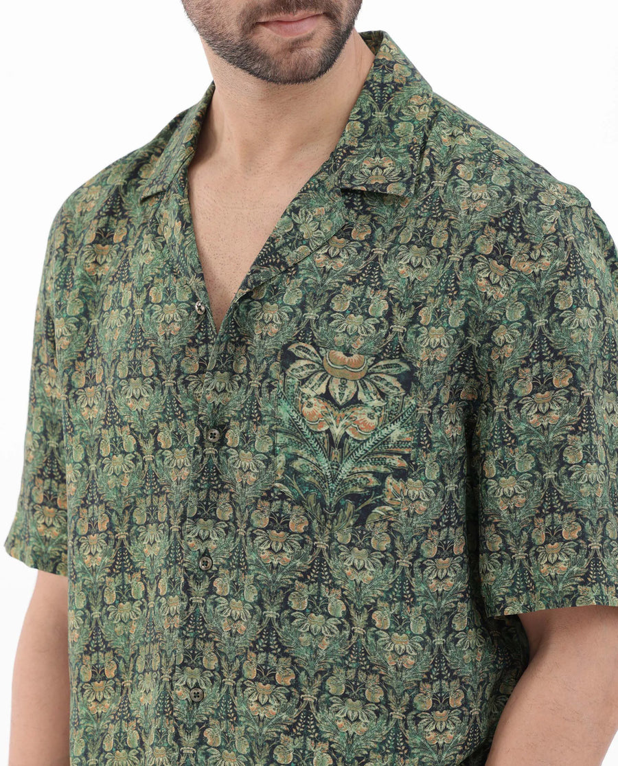 Rare Rabbit Men's Rabenn Dark Green Viscose Tropical Print Boxy Fit Half Sleeve Cuban Collar Shirt