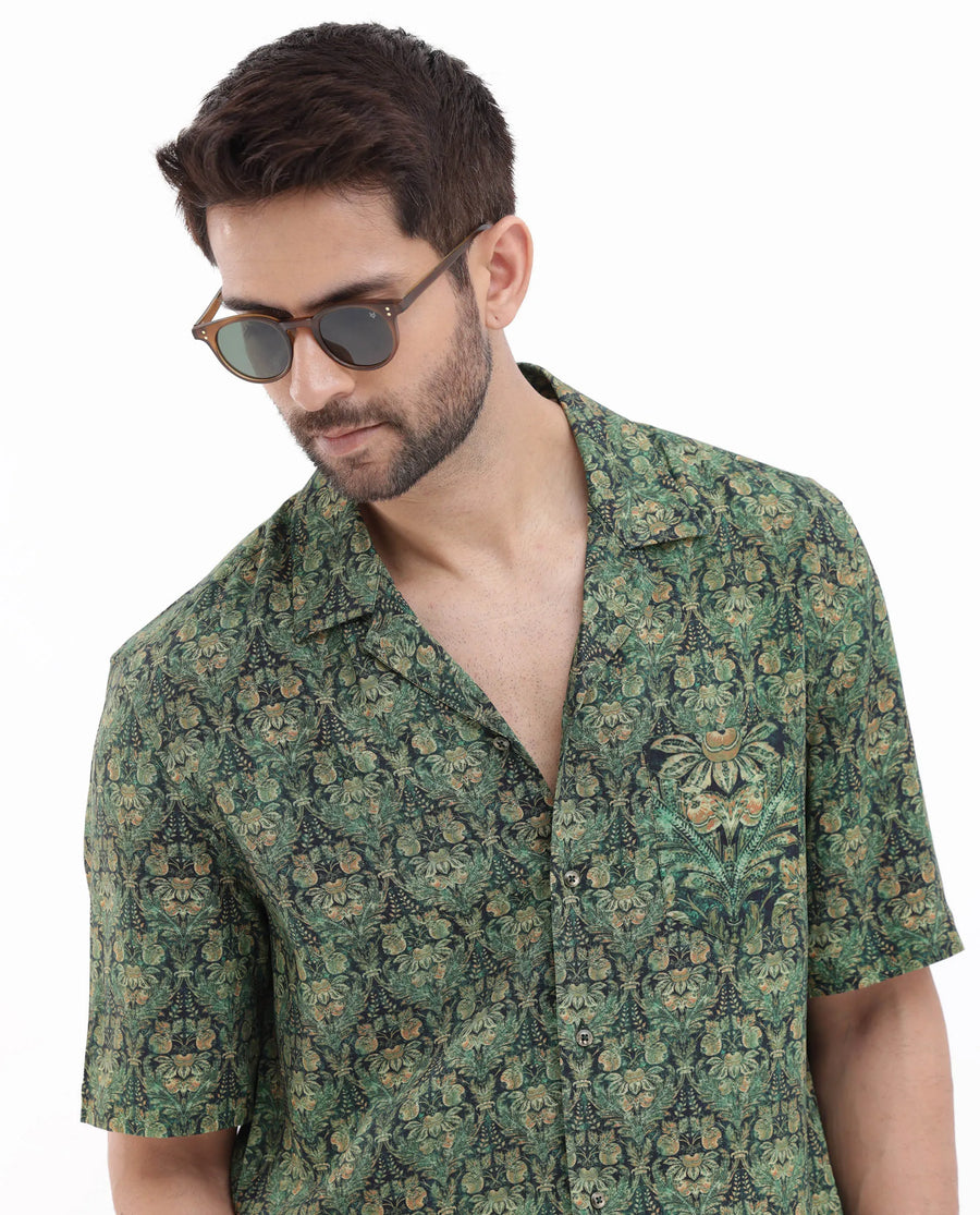 Rare Rabbit Men's Rabenn Dark Green Viscose Tropical Print Boxy Fit Half Sleeve Cuban Collar Shirt