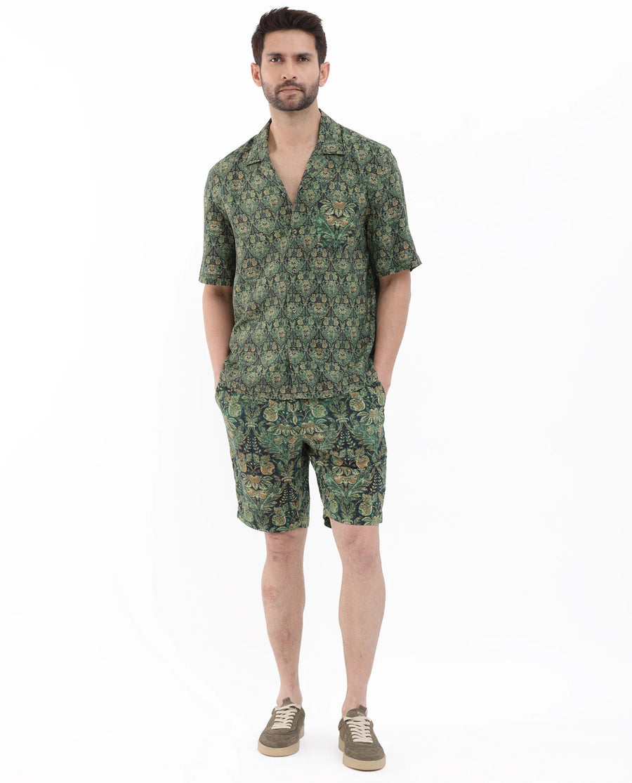 Rare Rabbit Men's Rabenn Dark Green Viscose Tropical Print Boxy Fit Half Sleeve Cuban Collar Shirt