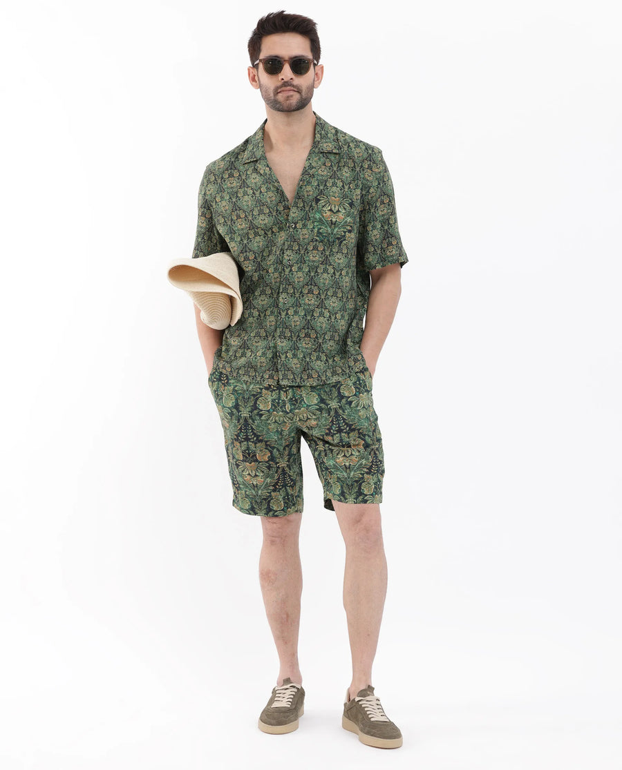 Rare Rabbit Men's Rabenn Dark Green Viscose Tropical Print Boxy Fit Half Sleeve Cuban Collar Shirt