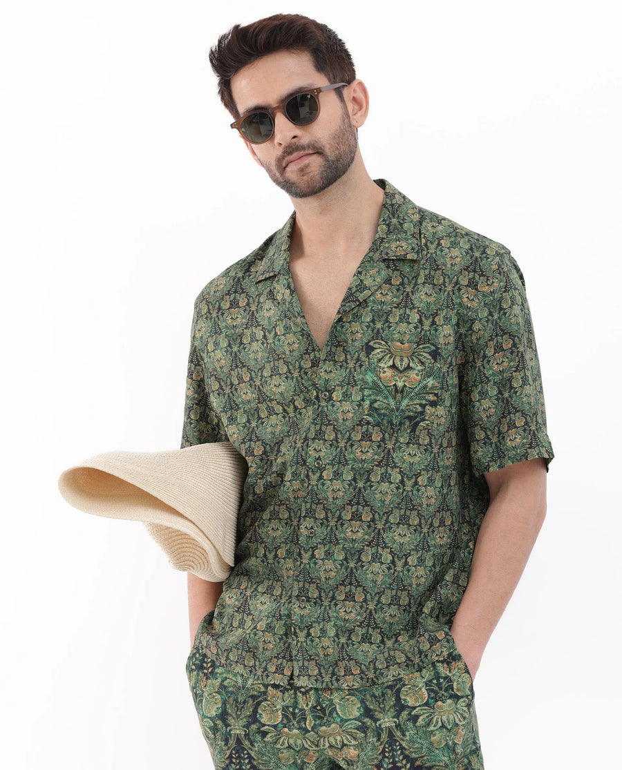 Rare Rabbit Men's Rabenn Dark Green Viscose Tropical Print Boxy Fit Half Sleeve Cuban Collar Shirt