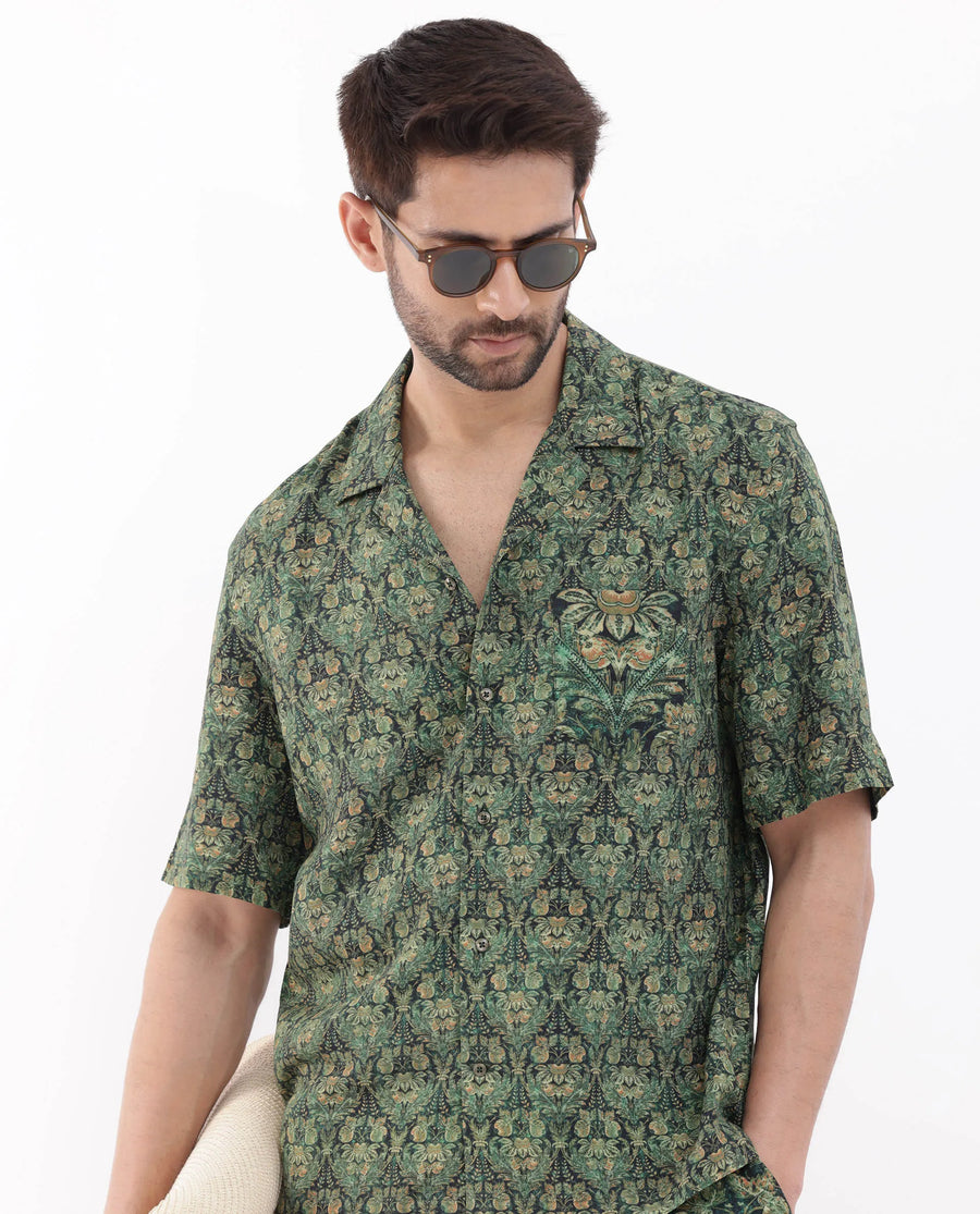 Rare Rabbit Men's Rabenn Dark Green Viscose Tropical Print Boxy Fit Half Sleeve Cuban Collar Shirt