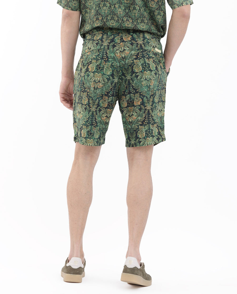 Rare Rabbit Men's Rabeno Dark Green Cotton Tropical Print Relaxed Fit Shorts