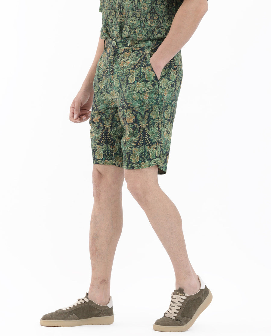 Rare Rabbit Men's Rabeno Dark Green Cotton Tropical Print Relaxed Fit Shorts